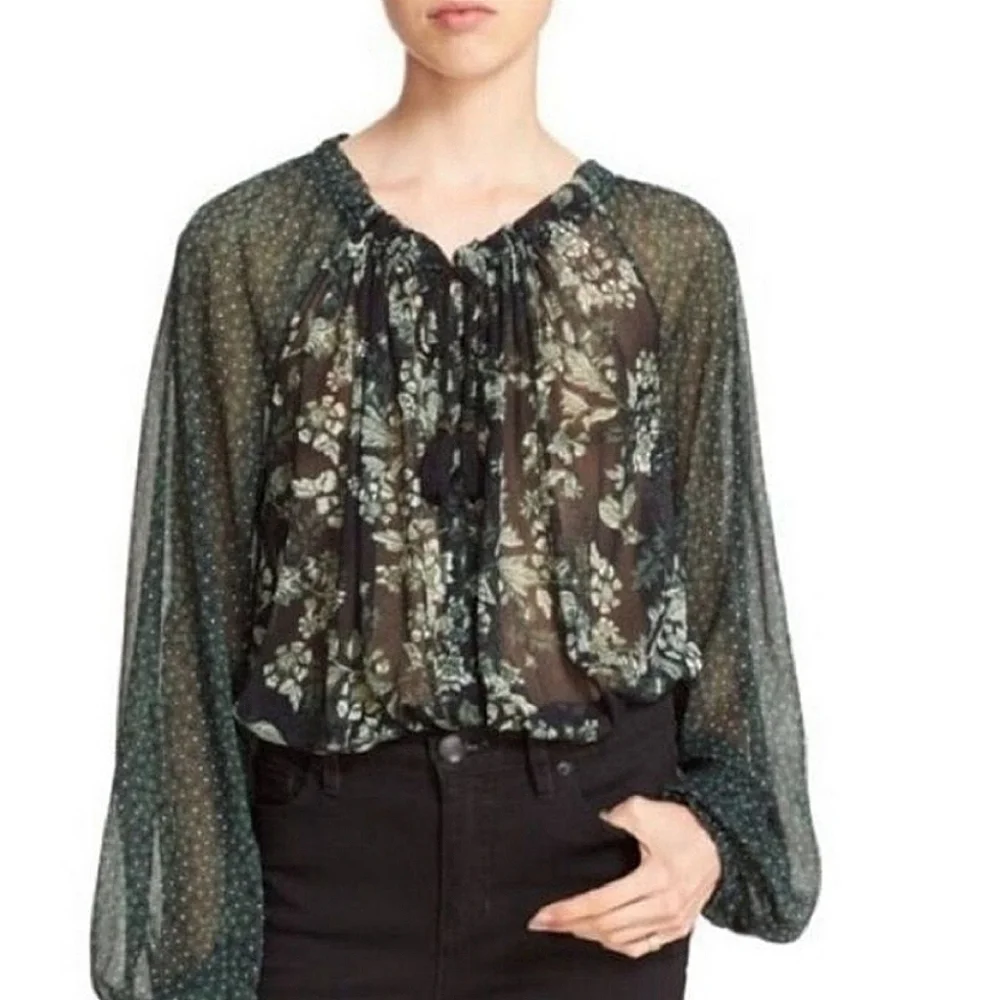 Free People Floral Pheasant Top With Poet Sleeves